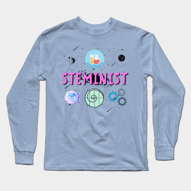 Steminist Women's Science Technology Engineering Maths STEM Stemanist Black Background Long Sleeve T-Shirt by AstroGearStore